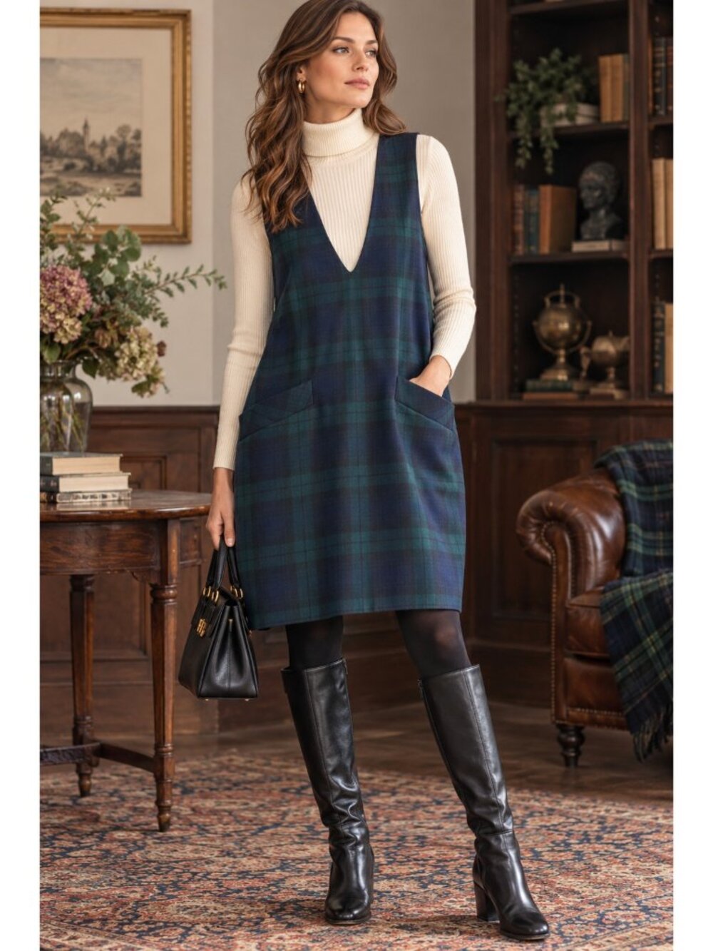 Vintage 90's Giorgio Sant'Angelo Black Watch Plaid Wool Jumper Dress 12 Pinafore